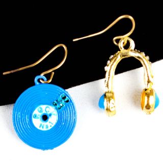 Blue Rock and Roll Record Music Headphone Lady Dangle Earrings Jewelry 
