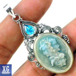 SP128845 CAMEO & BLUE TOPAZ 925 STERLING SILVER PENDANT JEWELRY