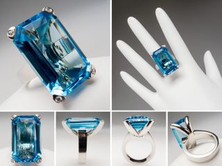 Genuine Blue Topaz Cocktail Ring w/ Diamond Prongs 14K White Gold sku 