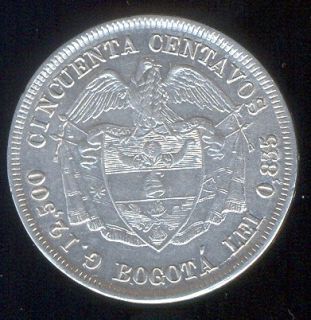 Colombia Silver Coin 1879 50 Centavos Bogota Mint AU