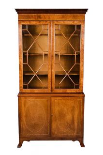   Antique Style Mahogany Glass Door Bookcase w Satinwood Inlays