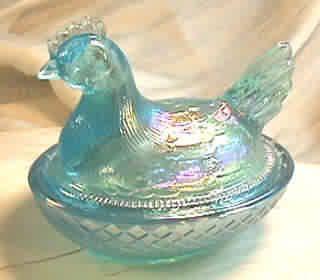 Hen on Nest Chicken Chick Sea Mist Carnival Glass Boyd