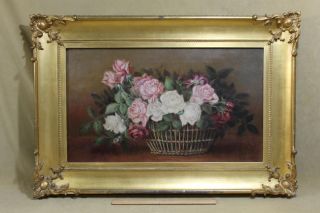 Antique 1895 Victorian *O L Botsford* Basket of RosesStill Life Oil 