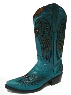   Ladies Turquoise Leather Western Cowboy Boots with Wings Heart