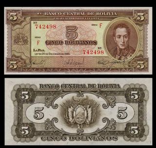 Bolivianos Banknote Bolivia 1945 F Bolívar Portrait Pick 138 Crisp 