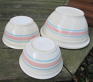 Vintage McCoy USA Pottery Mixing Bowl Set 10 7 6 Pink Blue Bands 