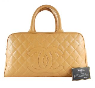 CHANEL Tan Quilted Caviar Leather Chic Large Bowler Bag Purse