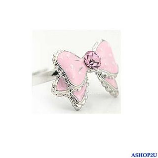 Lovely Cute Bowknot Butterfly Dots Rhinestone Adjustable Ring Pink
