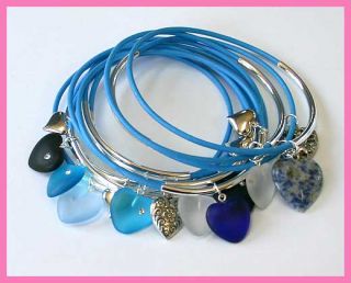 15 Bangle Bracelet Sky Blue Leather Mixed Hearts Charms