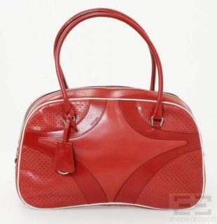 prada red perforated leather white piping bowler bag