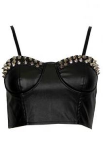 Womens Ladies Bralet Faux Leather Front Studded Spike Zip Back Top UK 