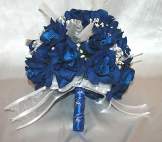 Wedding Bridal Bouquet Round Blue Silver White Silk Flowers 21 PC 