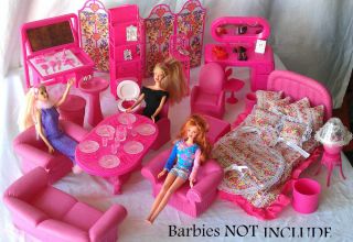 OVER 80 PC BARBIE BRATZ DOLL HOUSE SIZE FURNITURE SET PINK BED TABLE 