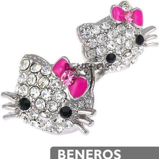 Swarovski Crystal Hello Kitty Silver Earrings Pink Bow