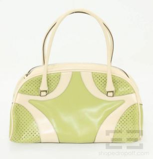 Prada Perforated Lime Green & Cream Leather Small Bowler Handbag