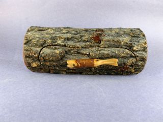   Art Primitive Wood Log Carved Fish Handle Trinket Jewelry Box