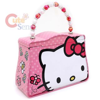   Hello Kitty Tin Box Lunch Case Jewelry Box w/ Beads Handle Big Face
