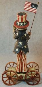 American Chestnut Folk Art Uncle Sam Liberty w Bell Pull Toy Figurine 