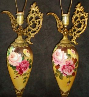 Pair 19c Antique French Victorian Glass Ewer Lamps Hand Painted Rococo 