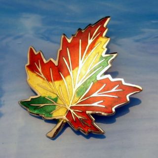   Sterling Canada Maple Leaf Brooch Pin Enamel Red Green Yellow