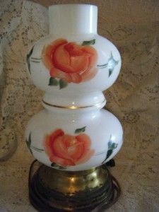   Hand Painted Roses Milk Glass/Copper Bubble Globe Electric Table Lamp