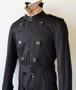 Burberry Brit Mens Britton Black Cotton Nova Check Trench Coat Jacket 