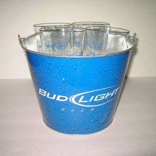 NEW BUDWEISER BUD LIGHT METAL ICE BUCKET 4 GLASSES BEER COOLER PUB BAR 