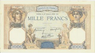 Banque de France 1000 Francs 1938 Nice Condition Large Impressive Note 