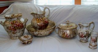 Antique Brownfield Sons 11 Chamber Set 1865 1874 Burgundy Rose Gold 