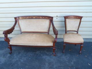 50098 ANTIQUE 2 PC INLAID MARQUETRY GRYPHON SETTEE LOVESEAT AND CHAIR