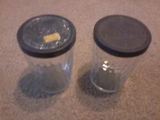  vtg. glass American Quality Snuff Jars with embossed metal/tin lids