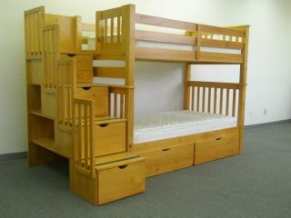 Bunk Bed   Tall Twin over Twin Stairway Honey with 2 Under Bed Drawers 
