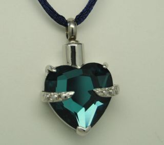 AQUAMARINE CZ HEART CREMATION URN NECKLACE STAINLESS CREMATION JEWELRY 