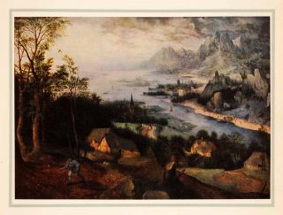 1937 Tipped in Print Pieter Brueghel Art Peasant Sow Fields River City 