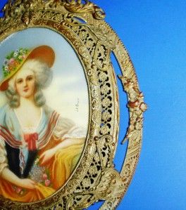   Antique Mintature Celluloid Gilt Framed Portrait Signed Le Brun