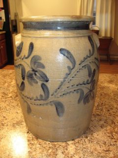 Antique 4 Gallon Greensboro PA Freehand Decorated Stoneware Crock 