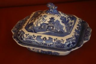 Burleigh Ware Willow Covered Vegetable Bowl Casserole Blue White