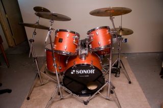   Force 2001 5 piece drumset with burnt orange wood grain finish Extras
