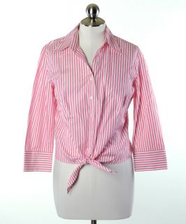 Ann Taylor Loft Bubblegum Pink White Striped Button Down Tie Front 