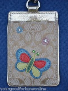 NWT Coach Butterfly Lanyard ID Badge Holder Card Case Multi Khaki Gold 