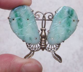Antique Chinese Jade Butterfly Silver Pin