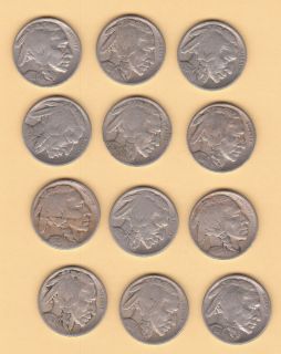 12   mixed Buffalo Nickels UNITED STATES Five Cent Coins Indian Head 