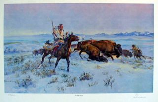 Signed Ace Powell Large Color Print Bison Buffalo Hunt