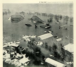 1937 Print Coney Island Amusement Park Flood Storm Roller Coaster Ohio 