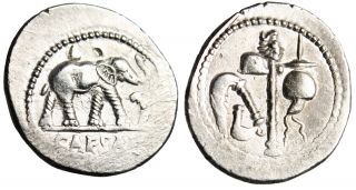 EF Julius Caesar Silver AR Denarius Elephant & Priestly Implements 