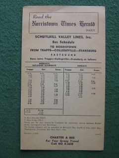 1952 Norristown Times Herald Schuylkill Valley Lines Bus Schedule 