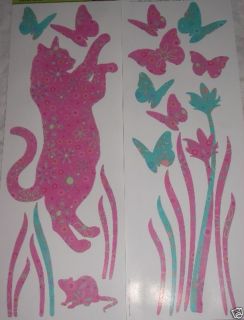 New Pink Cat Mouse Butterfly Garden Wall Stickers Decor