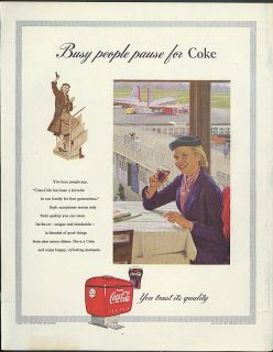 Busy People Pause for Coca Cola Ad 1953 Fountain Cooler Airport Woman 