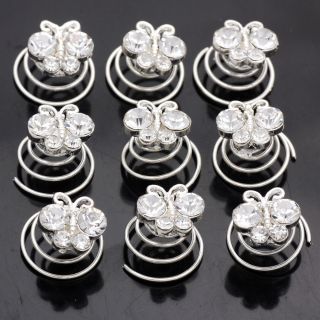 12pc Clear Crystal Butterfly Hair Twists Spins Pins 664