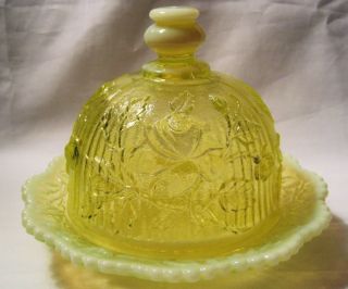   Uranium Opalescent Glass Rose Butter Dish Marked Imperial
